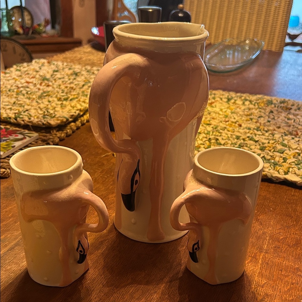 Hand-Painted Pink Flamingo Ceramic Pitcher and Tumbler Set